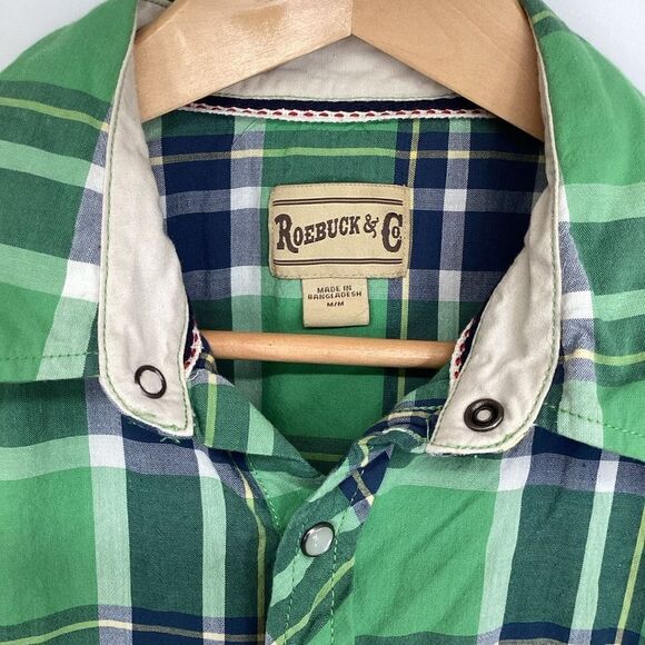 Men's Roebuck & Co. Short Sleeved Pearl Snap 100% Cotton plaid Shirt Green Sears - Picture 4 of 7